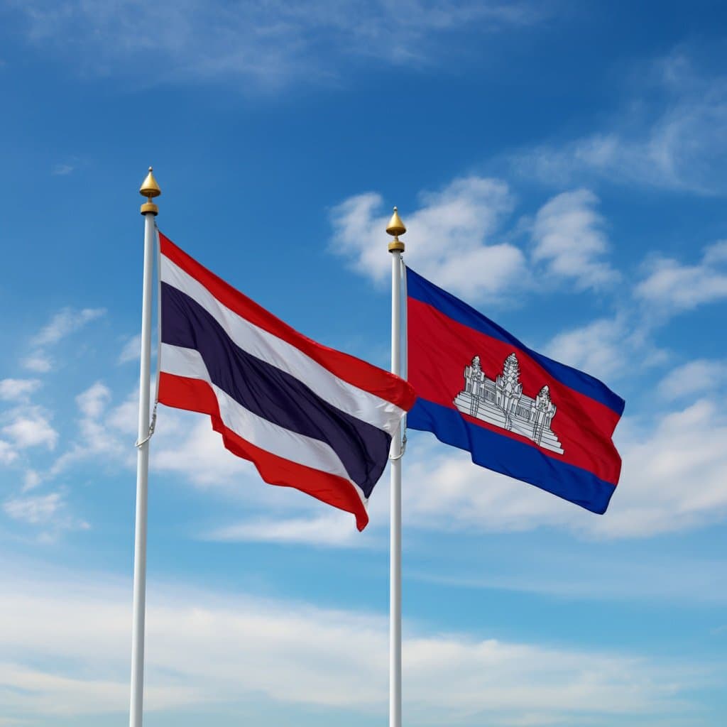 Thailand and Cambodia's flags against a blue sky