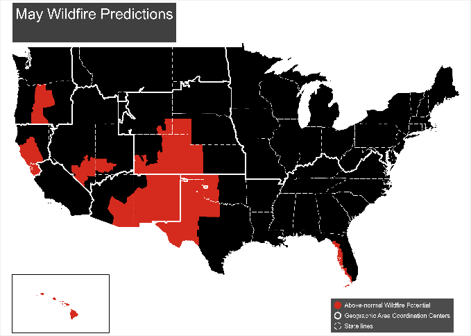 Figure 2 A-D National Interagency Fire Center (NIFC) forecast areas anticipated to have higher than average significant wildfire potentials May-August