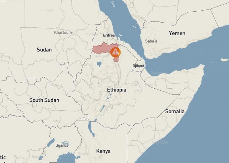 Unrest location highlighted on Ethiopia map
