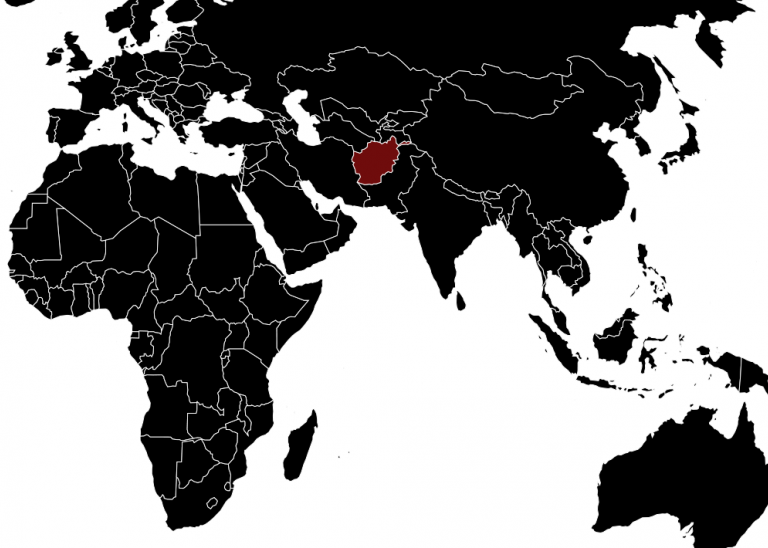 Map including Europe, Asia, Australia, and Africa highlighting Afghanistan in red.