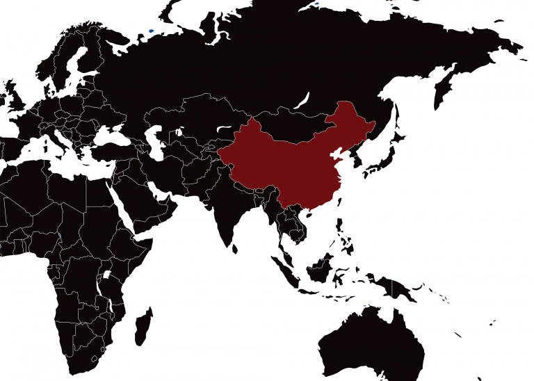 World map China highlighted in red.