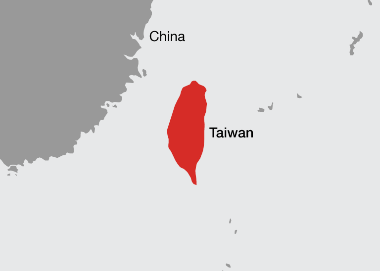 Map of Taiwan, Taiwan Strait, and China, with Taiwan in red.