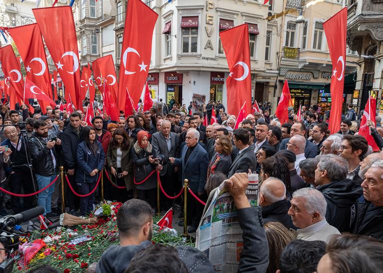 Turkish citizens gather around memorial for lives lost after Nov 13 terror attack in Taksim, Istanbul