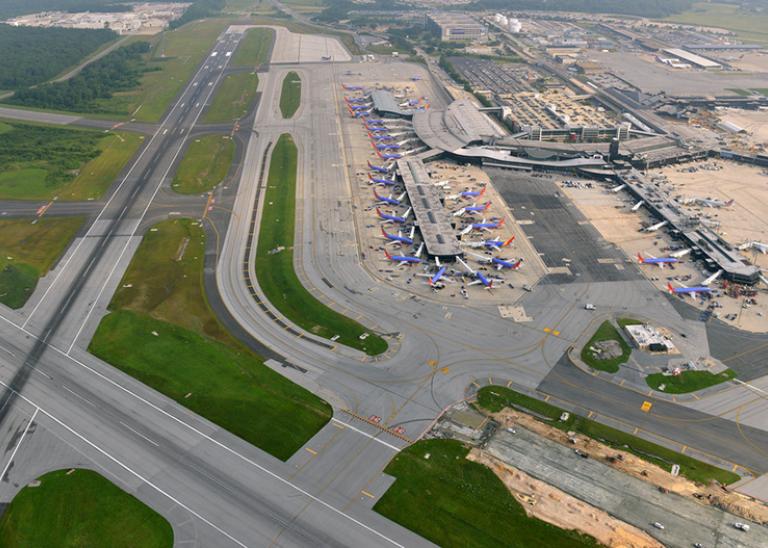 Aerial shot of airport runways