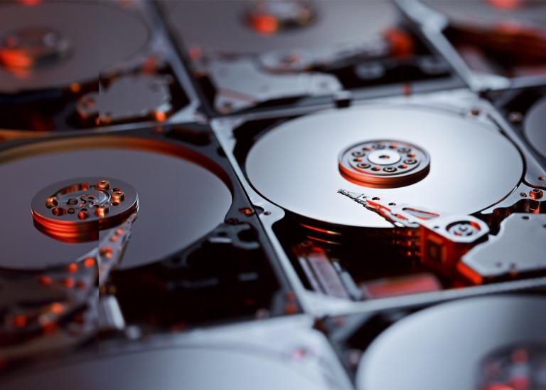 A close-up of several hard-drives.