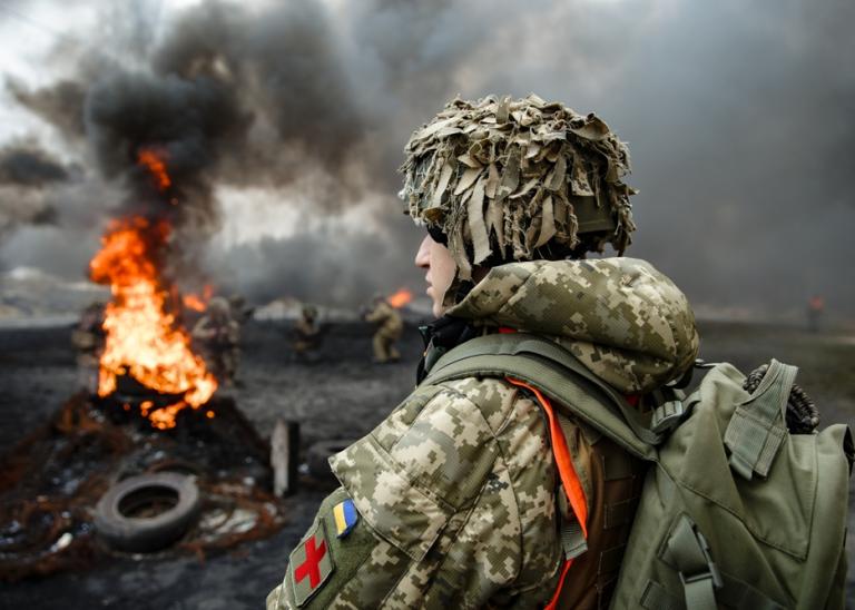 Ukrainian forces on training ground before deployment on the frontline.
