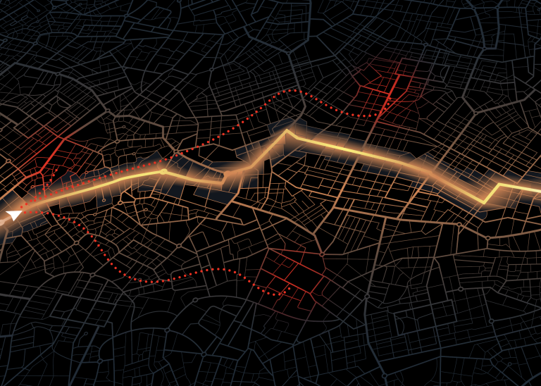 graphic depicting a map on a dark background with a route highlighted in gold starting from point A to point B
