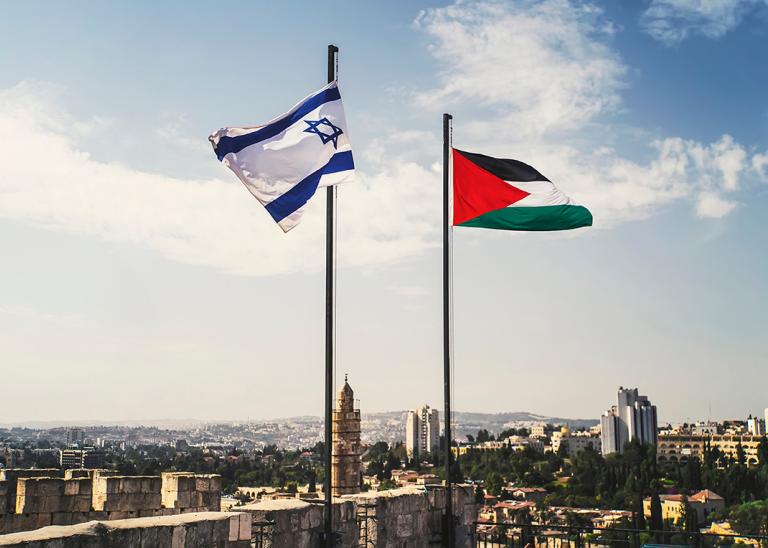 flags of israel and palestine flying next to each other
