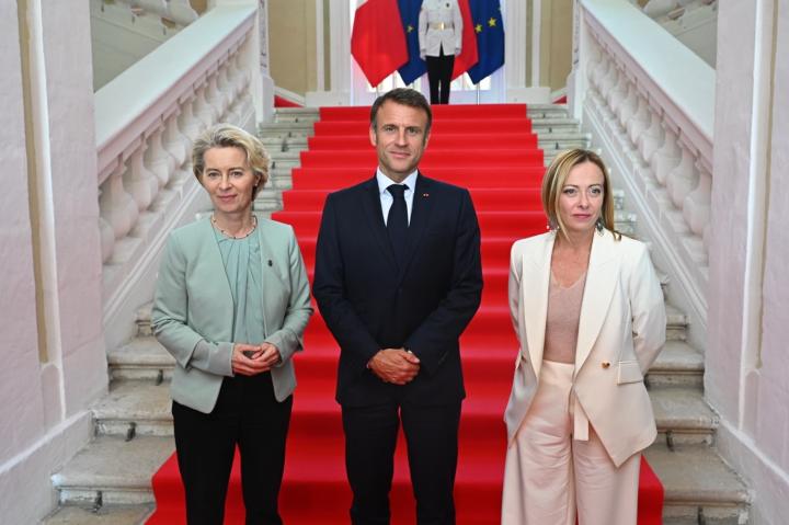 President of the Commission Ursula von der Leyen, France's President Emmanuel Macron, and Italian PM Georgia Meloni 