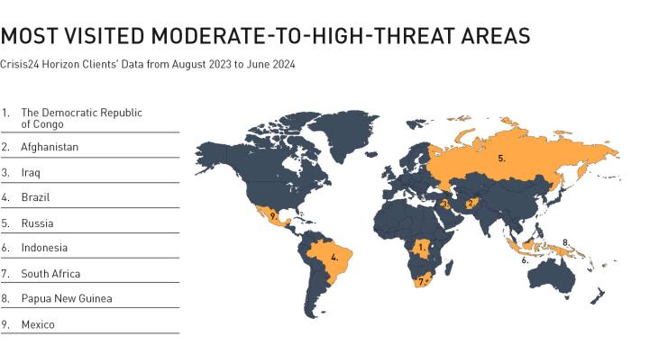 Most Visited moderate-to-high threat areas for Crisis24 Horizon Clients map