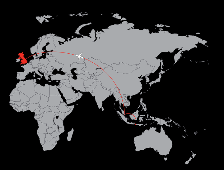 巴厘岛至伦敦医疗后送飞行路线图